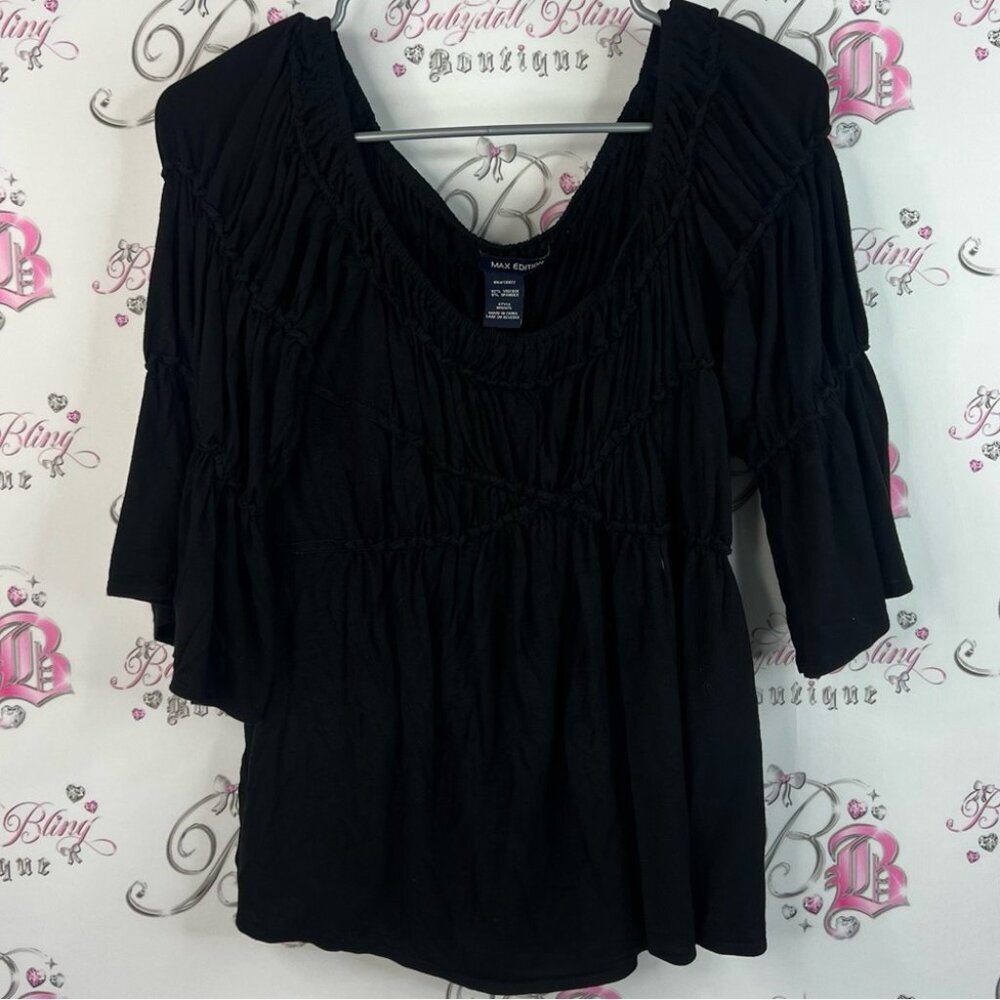 Max Edition ruffle flare bell bottom detail shirt Black Women's Blouse
